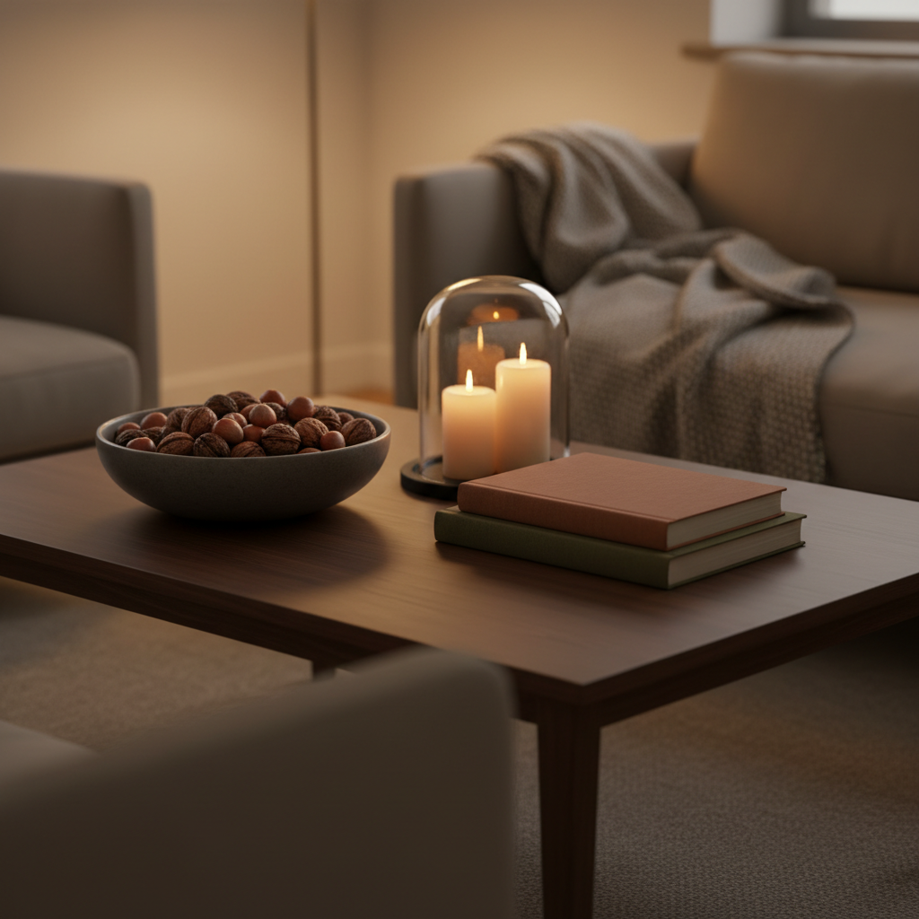 A refined living room coffee table styled for a cozy evening gathering, featuring a low rectangular table in dark-stained wood with a smooth satin finish. On it rests a large ceramic bowl in matte charcoal filled with polished hazelnuts and walnuts, a stack of linen-bound books in muted earth tones, and a single glass cloche encasing a cluster of unscented cream pillar candles of varying heights. A thick wool throw in a soft oatmeal color is draped over the edge of a nearby sofa, just out of focus. The room is illuminated by warm lamplight and the soft flicker of candlelight, creating pools of gentle light and deep, inviting shadows. Photographic realism, shot from a slightly elevated angle with a shallow depth of field, evoking cultivated comfort and understated sophistication.