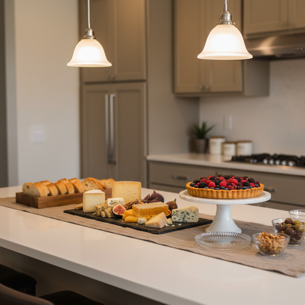 A beautifully arranged kitchen island prepared for guests, with a polished white quartz countertop displaying a curated spread of small bites: a slate board of artisanal cheeses, figs, and honeycomb; a wooden tray of crusty sliced baguette; and a marble pedestal holding a berry tart with a flaky golden crust. A textured linen runner in muted taupe anchors the arrangement. In the softly blurred background, tall cabinets in warm greige and a discreet stainless range hood suggest a refined, modern kitchen. Overhead, warm pendant lighting creates a soft glow that reflects in the glass serving dishes and highlights the textures of the food. Photographic realism, captured from a slightly elevated angle, with a calm, elegant mood that communicates effortless, cozy hosting.