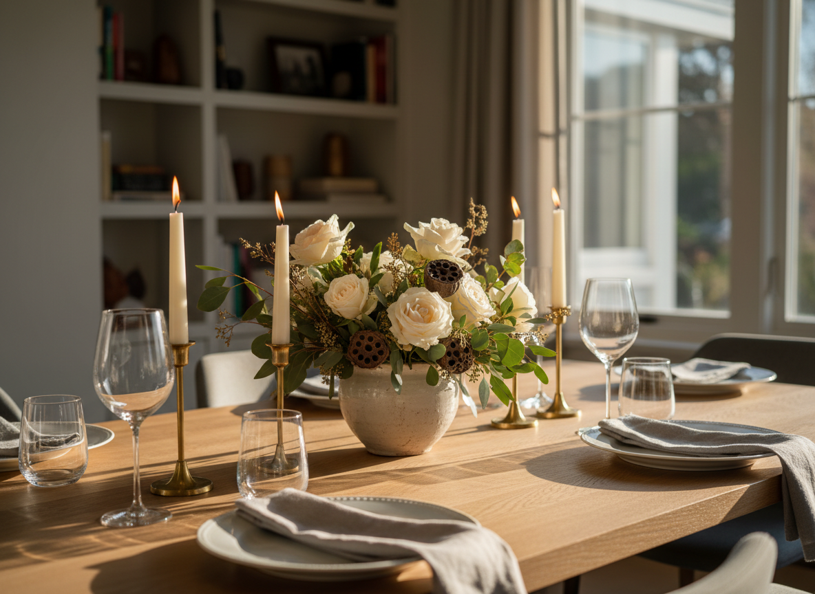A warmly lit dining table styled for an intimate gathering, featuring a natural oak surface with a subtle matte grain and a low, lush centerpiece of cream garden roses, eucalyptus, and dried seed pods in a stoneware vase. Linen napkins in soft dove gray are folded neatly beside simple white porcelain plates with a faint ridge detail, and slender brass candlesticks hold tapered ivory candles. The table sits near a large window in a cozy, sophisticated living-dining space, with built-in bookshelves softly blurred in the background. Late afternoon golden light filters in, creating gentle highlights on glassware and casting delicate shadows. Photographic realism, shot at eye level with a slight angle and shallow depth of field, evoking an inviting, quietly luxurious atmosphere perfect for hosting at home.