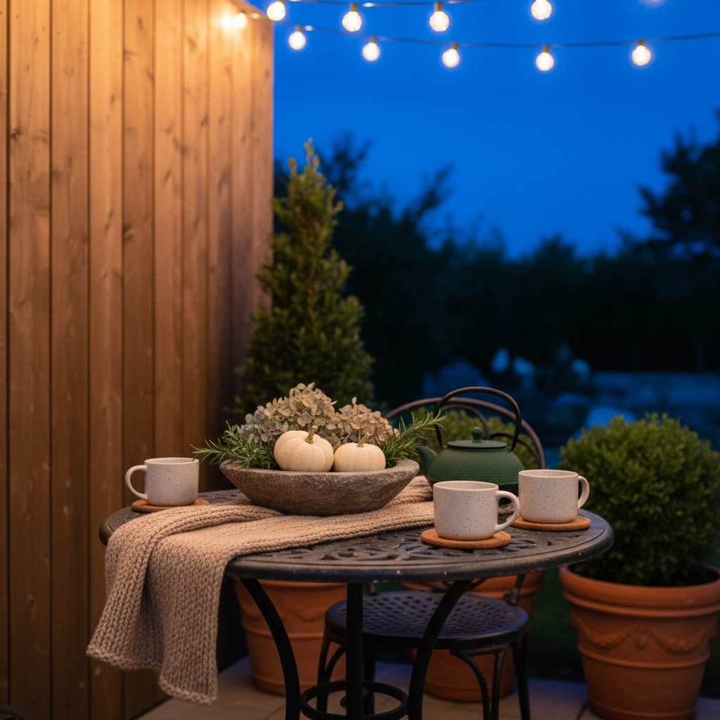 A meticulously styled outdoor patio corner prepared for a small autumn gathering, featuring a round bistro table in weathered black metal with delicate scrollwork, topped with a chunky knit runner in warm sand. At the center, a low stone bowl holds an arrangement of tiny white pumpkins, dried hydrangeas, and sprigs of rosemary. Around it, ceramic mugs in soft speckled cream sit on cork coasters beside a cast-iron teapot in deep forest green. The patio is framed by vertical cedar planks and potted boxwoods, with string lights hanging above, softly glowing. Early evening blue hour light mingles with the warm bulbs, creating a gentle contrast and a tranquil, intimate mood. Photographic realism, composed using the rule of thirds, with a medium depth of field that keeps the scene crisp while subtly softening the garden beyond.